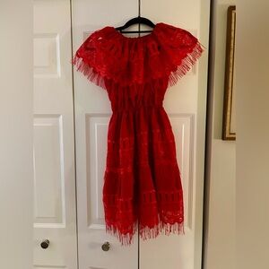 Girl’s Red Mexican Inspired Dress, W/ Fringe and Lace Details Approx. Sz M